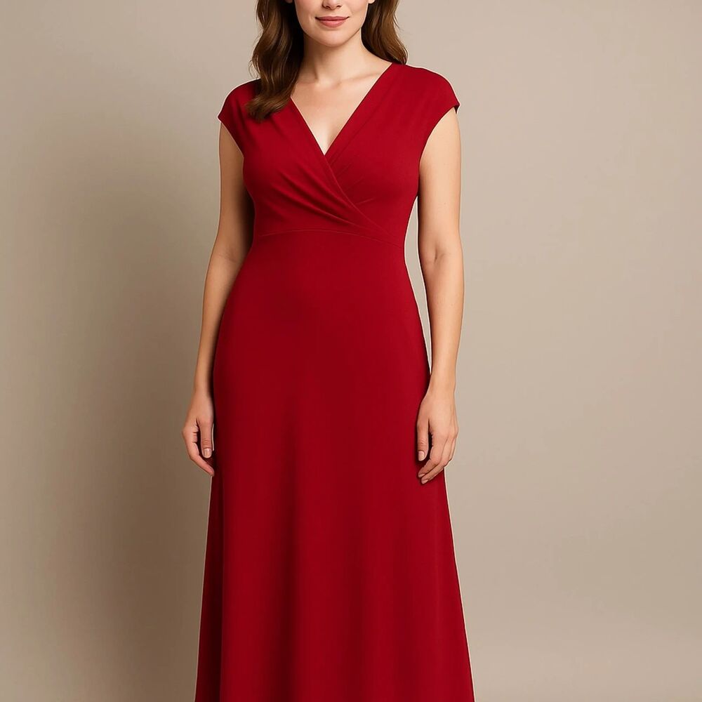 Jones New York red dress features a flattering V-neckline, cap sleeves, size 6